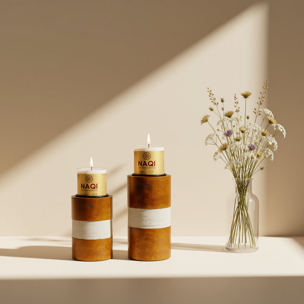 NQ1003E - NAQI TIMBER GLOW CANDLE WITH ROUND WOODEN STAND THREADED