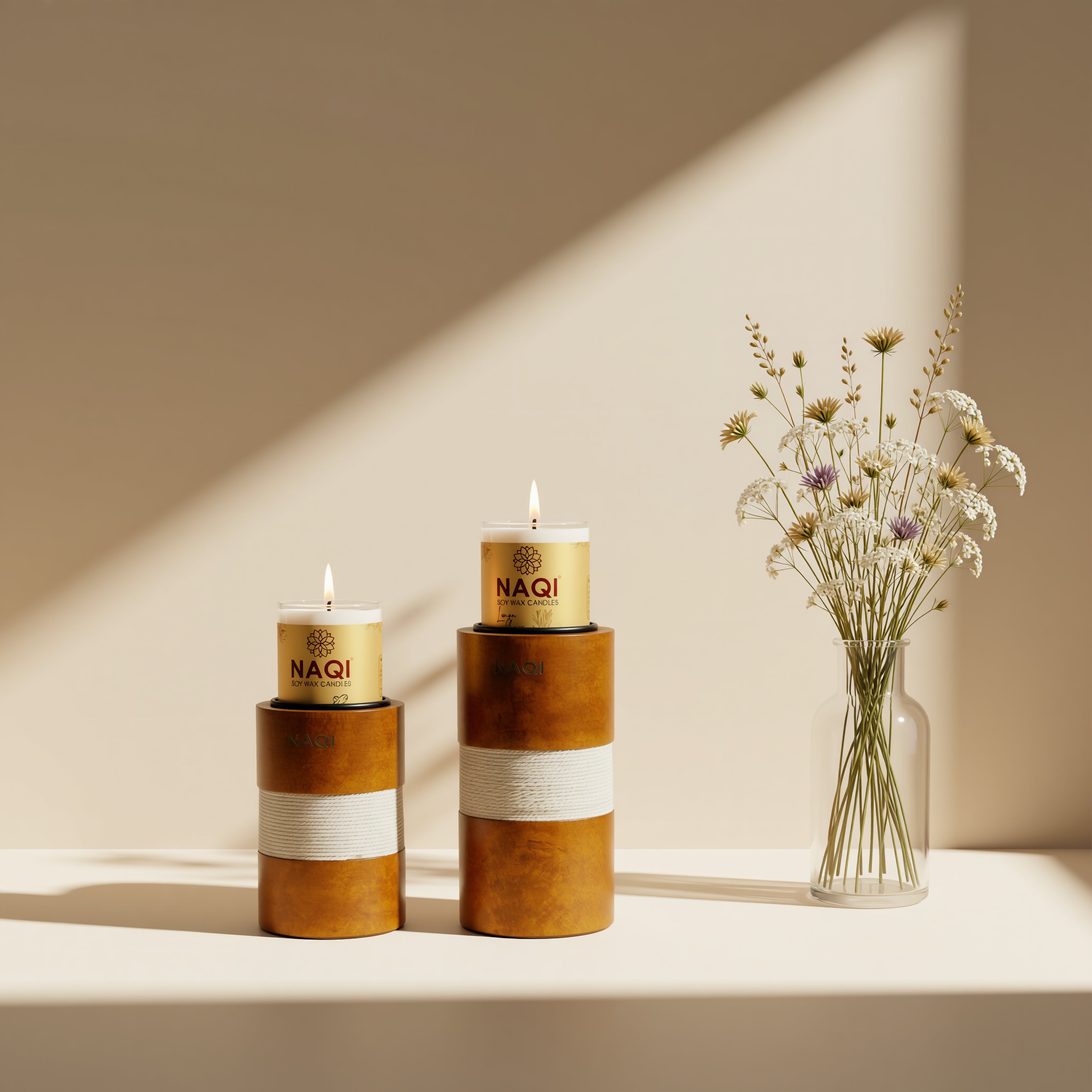 NQ1003E - NAQI TIMBER GLOW CANDLE WITH ROUND WOODEN STAND THREADED