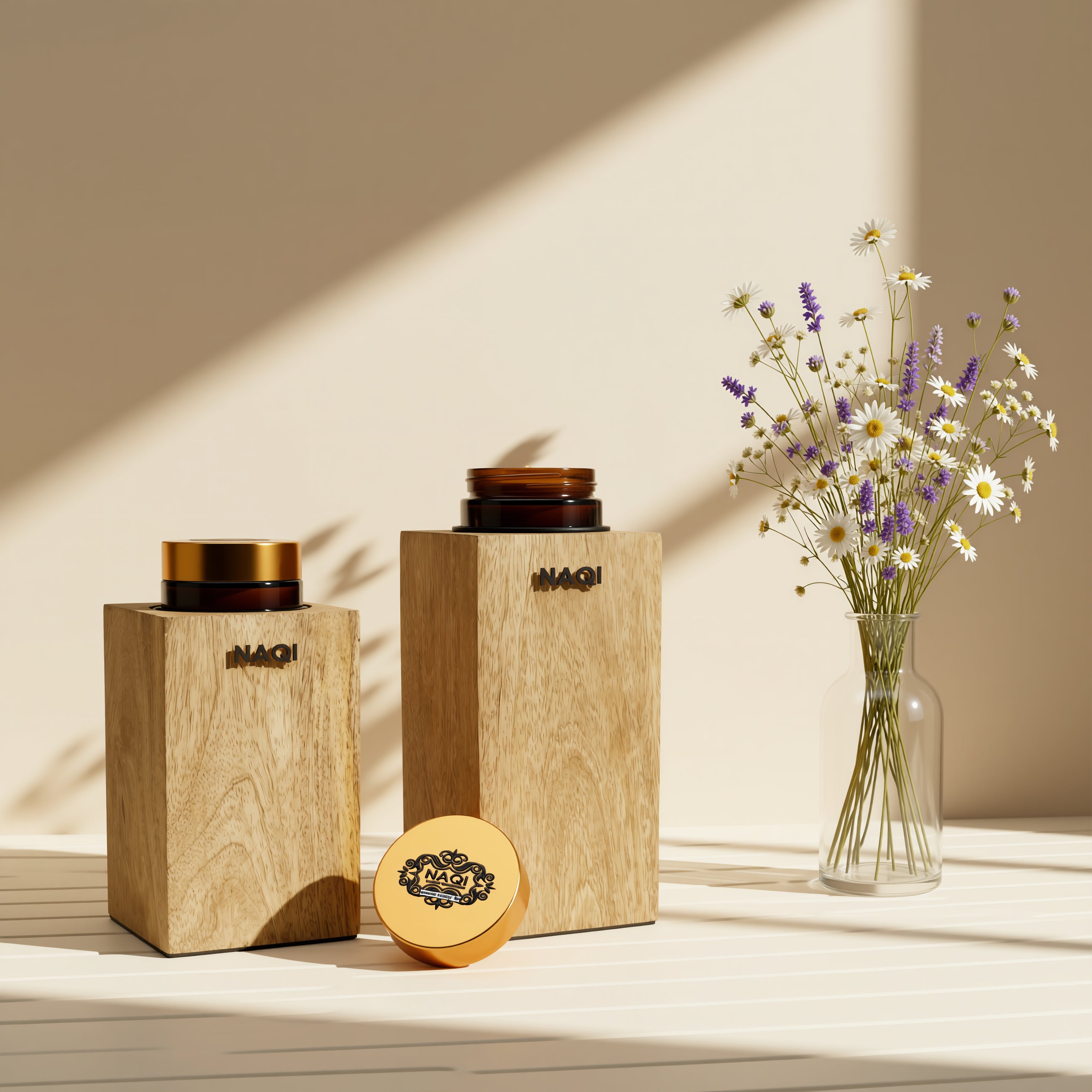 NQ1003F - NAQI TIMBER GLOW CANDLE WITH SQUARE WOODEN STAND PLAIN