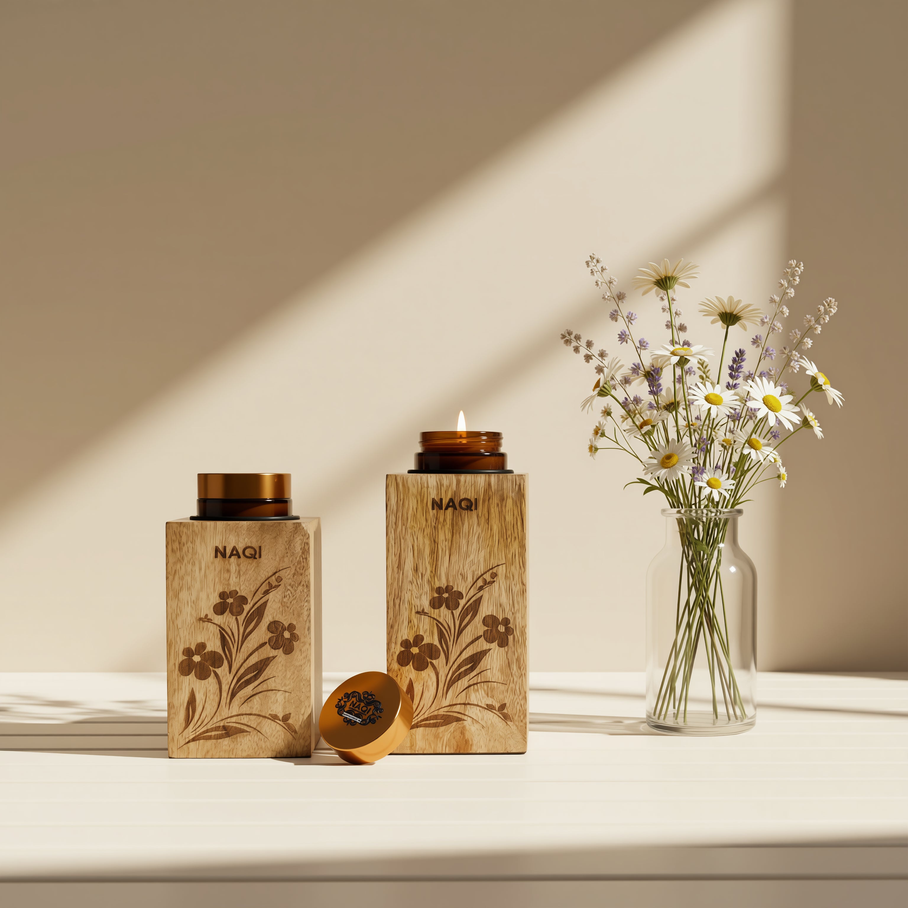 NQ1003G - NAQI TIMBER GLOW CANDLE WITH SQUARE WOODEN STAND LASER FLOWER