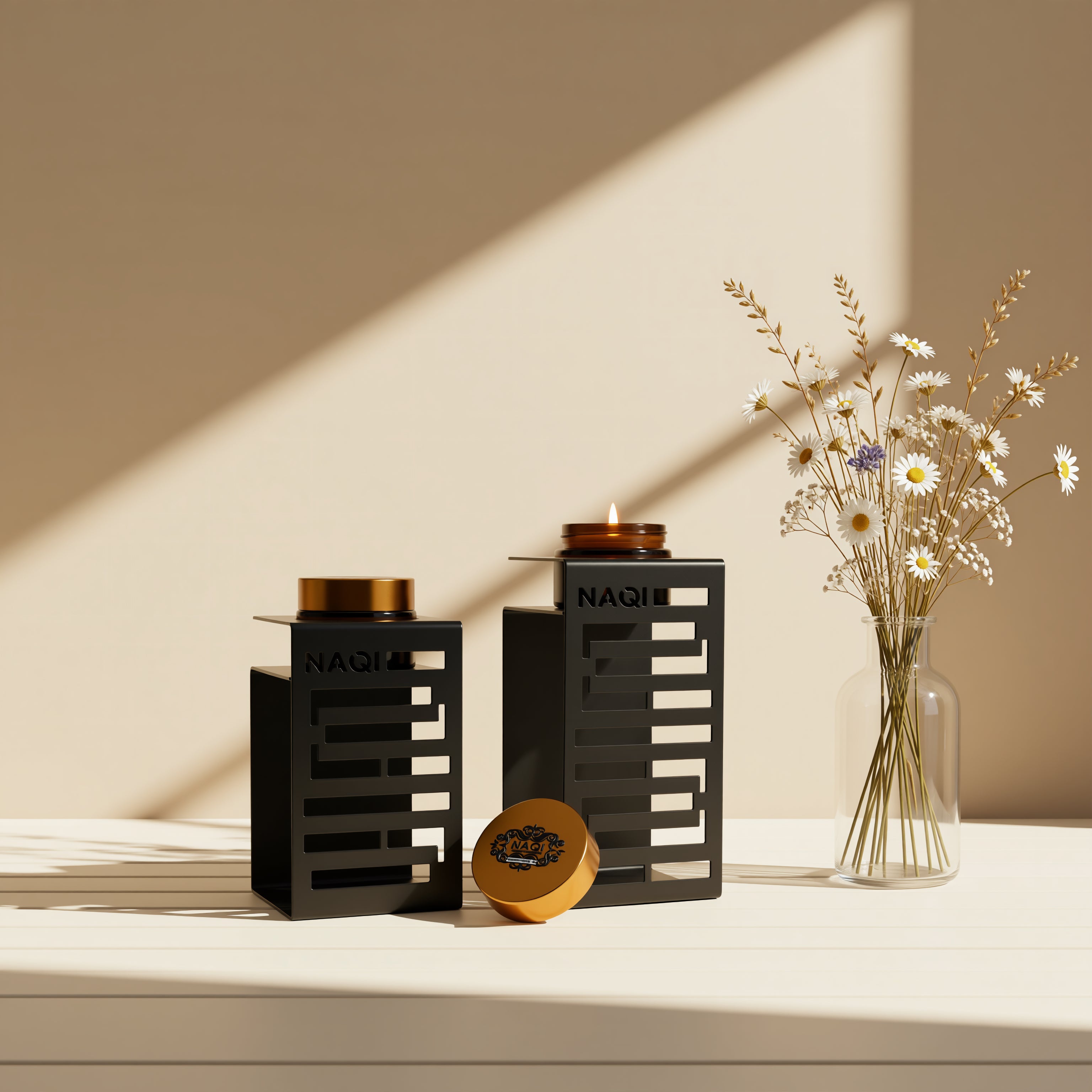 NQ1003I - NAQI METAGLOW CANDLE WITH SQUARE METAL STAND LASER CUT BLACK