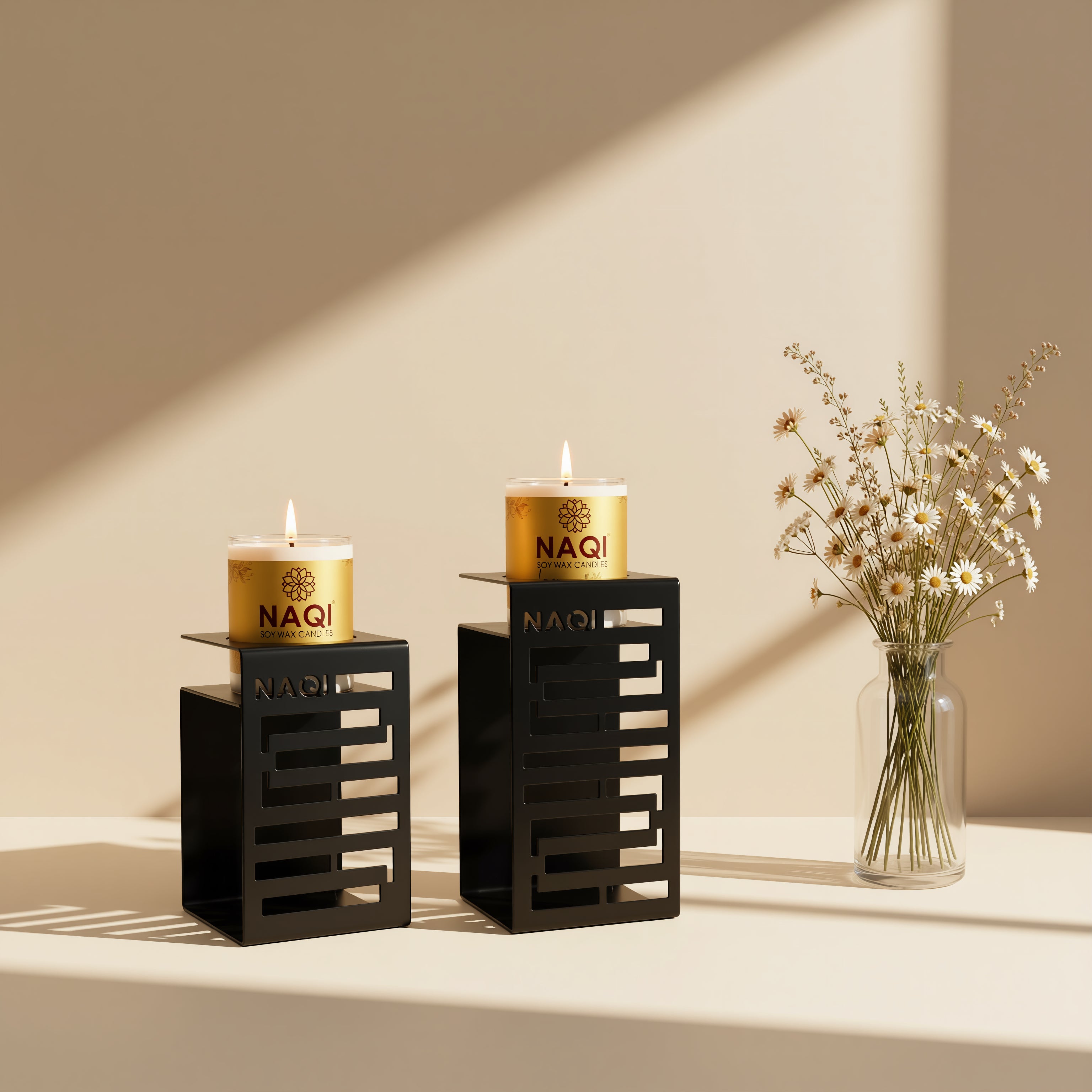 NQ1003I - NAQI METAGLOW CANDLE WITH SQUARE METAL STAND LASER CUT BLACK