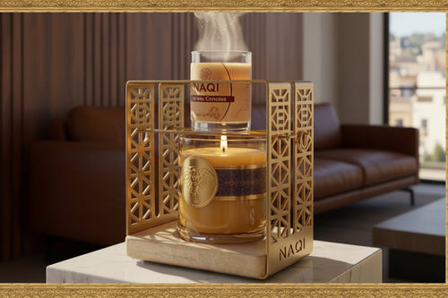 A NAQi scented candle set displayed in a modern living room setting. The set includes a larger glass jar candle with a lit wick and a smaller glass jar candle with smoke rising from it, both resting on a decorative gold-toned metal tray with a wooden base.